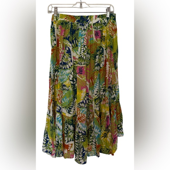 Nicole Miller Green and Yellow Tropical Rayon Ruffle A-Line Midi Skirt sz S - Picture 1 of 12